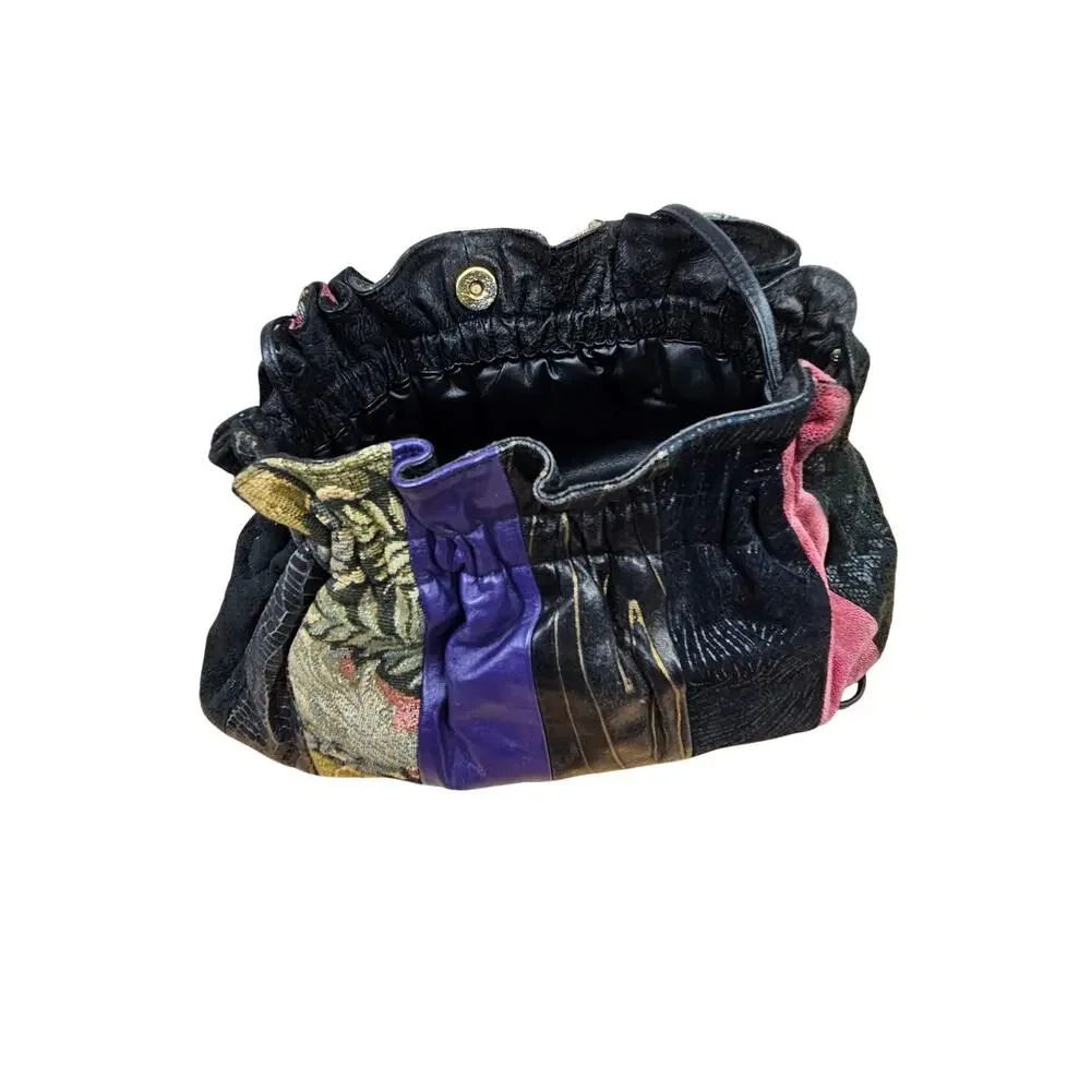 80s Black Leather Patchwork Ruched Reversible Cross Body Clutch Tassle Viva Bag
